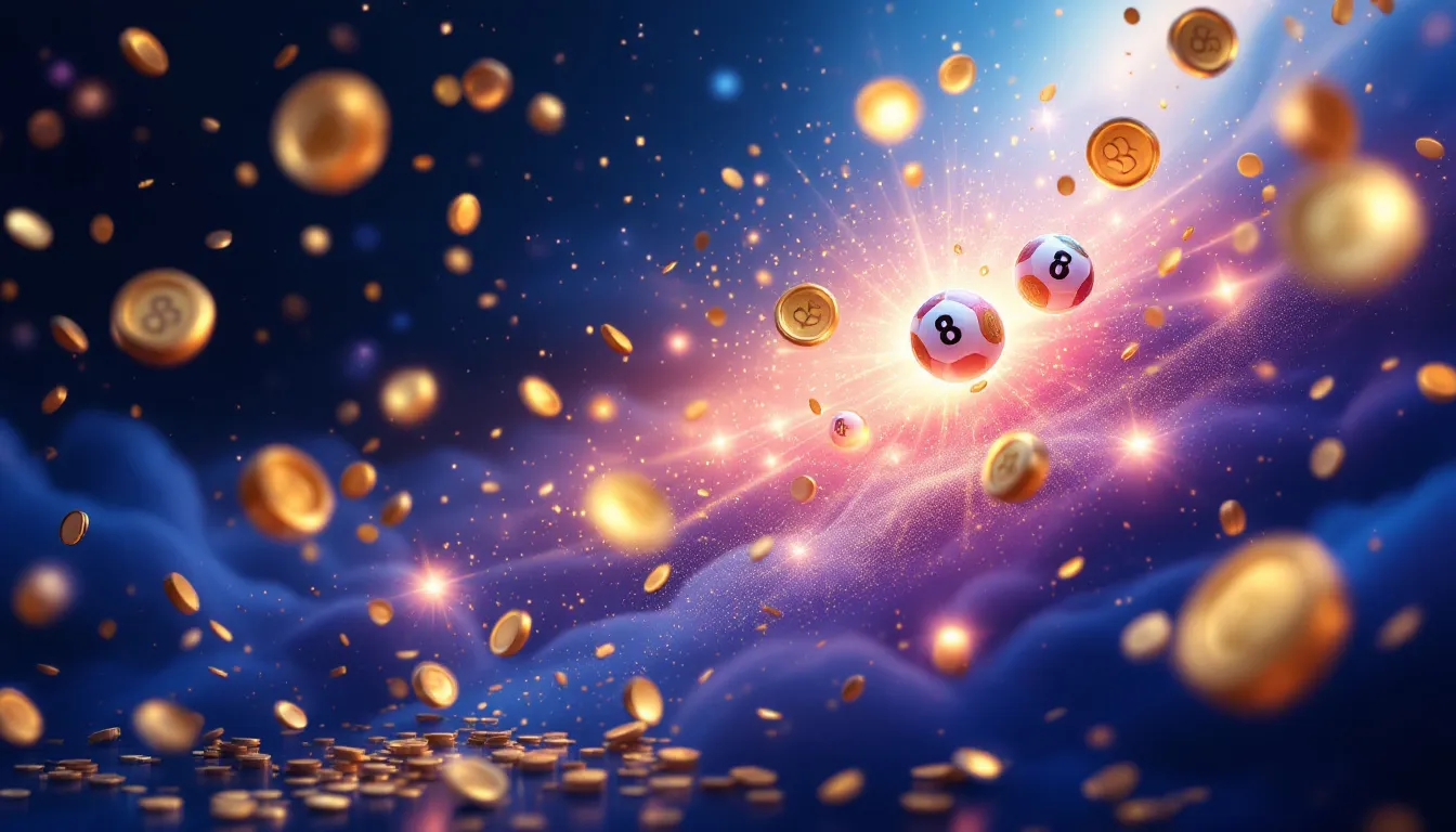 Many glowing golden orbs of different sizes rising over a twilight city skyline, evoking a swelling lottery jackpot.